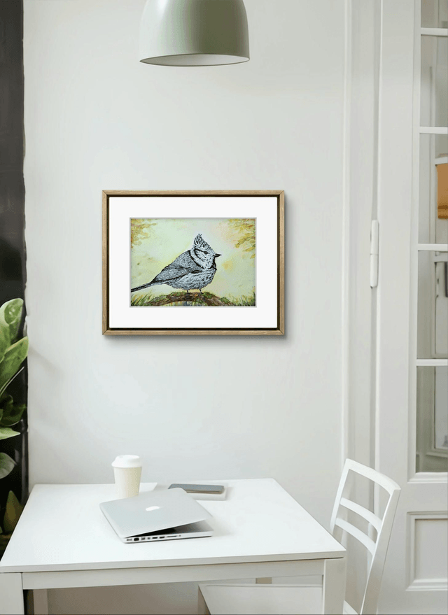 Mésange huppée sur papier